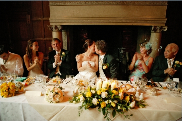 Newbury Wedding - Groom Kisses Bride, Top Table